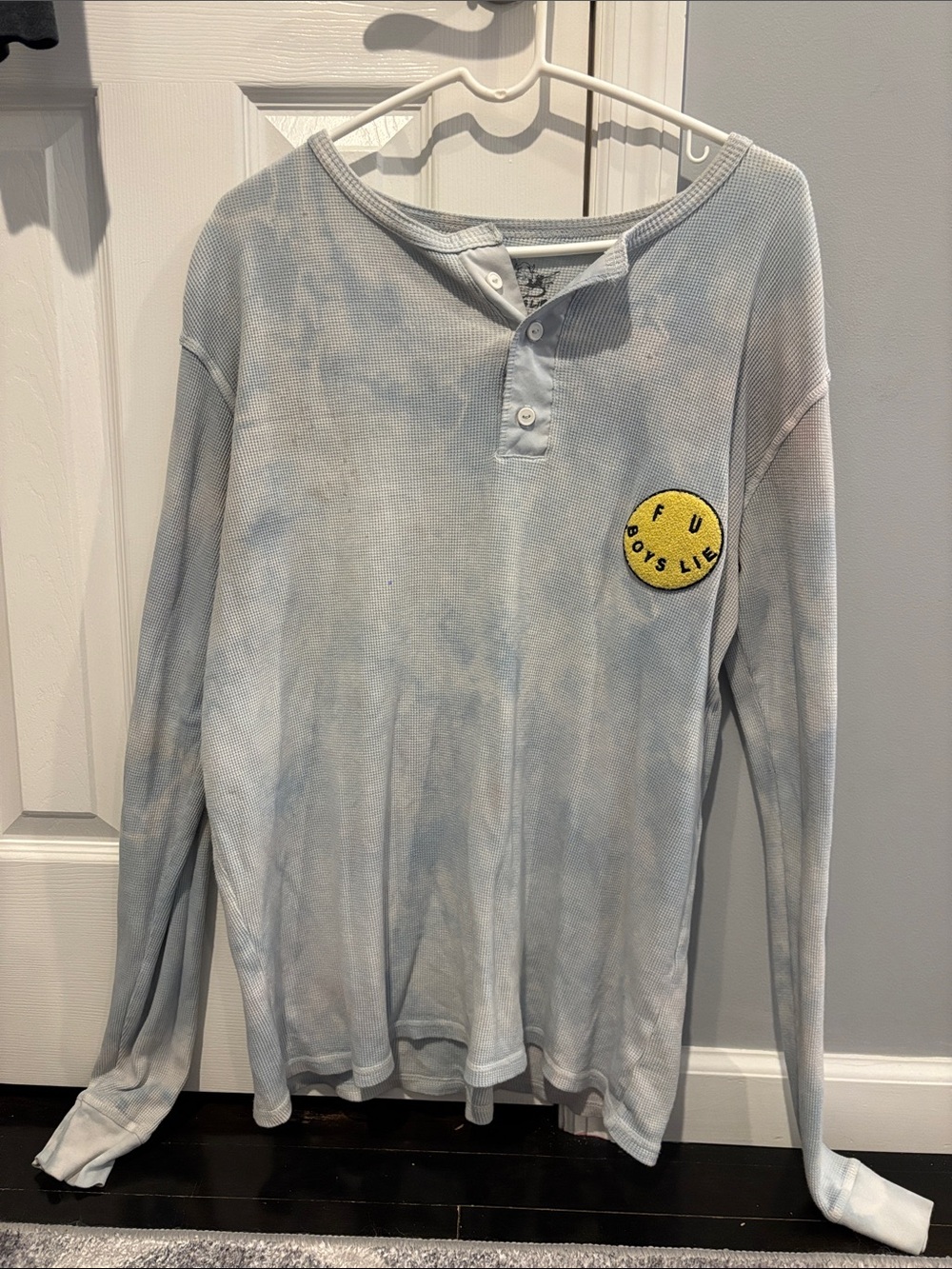 Light Blue/ pink Tie-Dye Henley with Yellow Smiley Patch